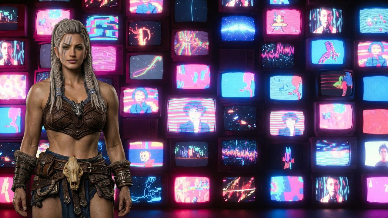 A warrior woman in front of a neon wall of retro TVs